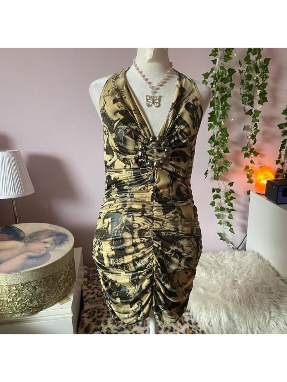 Y2K printed & ruched halter neck bodycon mini dress
